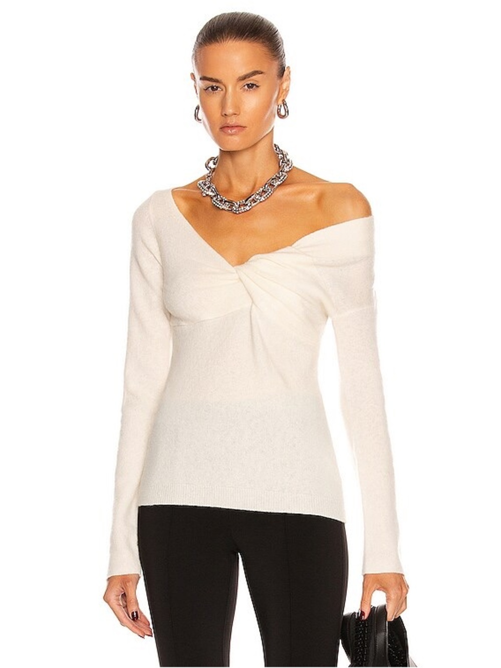 Helmut Lang Cream Off-the-Shoulder Twist Knit Sweater